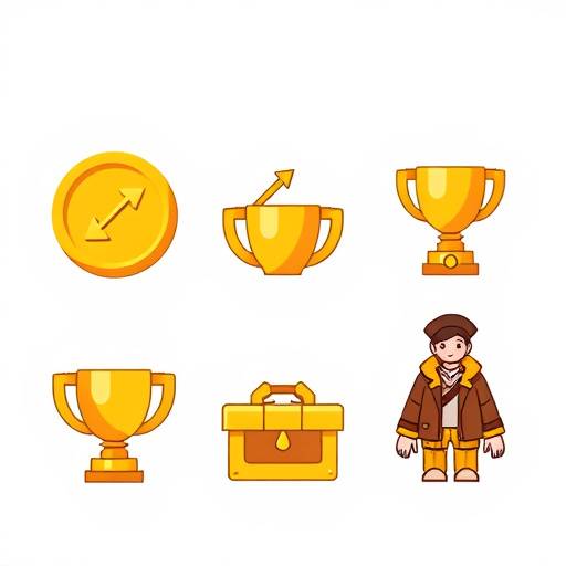 A collection of icons representing monetization elements: a stylized golden coin for in-app purchases, a recurring arrow symbol for subscriptions, a trophy icon for battle passes, a question mark within a box for loot boxes, and a stylish avatar outfit for cosmetic items.