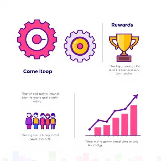 A stylized infographic featuring distinct icons representing key engagement strategies: a gear for gameplay loops, a trophy for rewards, a group of people for social interaction, and a graph for progression.