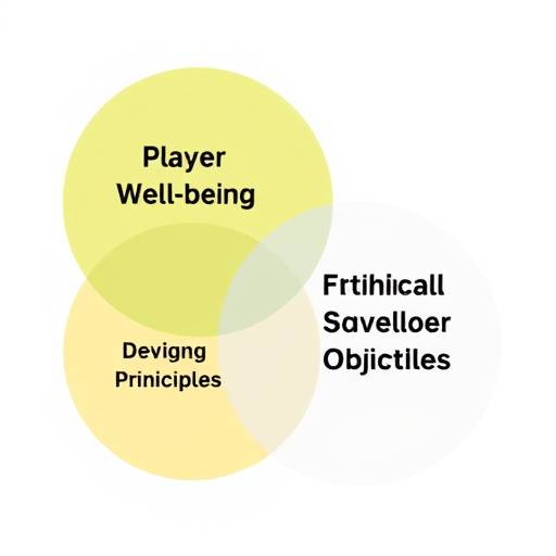 A stylized Venn diagram visually illustrating the harmonious overlap between three key circles: 'Player Well-being', 'Developer Business Objectives', and 'Ethical Design Principles'.