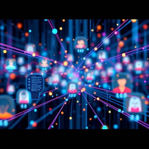 Abstract digital visualization with interconnected streams of data and stylized player avatars