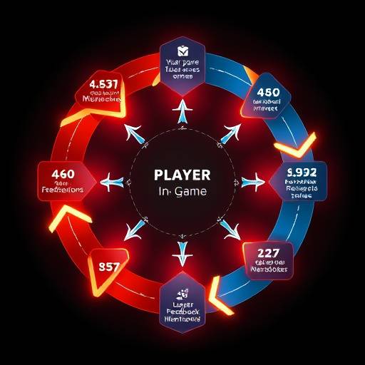 An intricate diagram illustrating the cyclical nature of player engagement, with arrows showing the flow from player actions to in-game feedback, rewards, and subsequent player motivation.