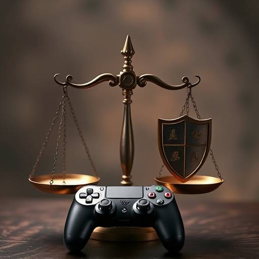 Stylized scales of justice meticulously balancing a detailed gaming controller on one side and a protective shield emblazoned with a digital lock on the other, symbolizing ethical game design and player protection.
